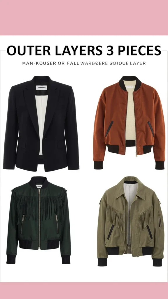 A Pinterest pin titled "Outer Layers 3 Pieces" highlighting essential jacket options for a women's fashion Capsule Wardrobe. Displayed on a white background, the layout features four versatile outerwear choices: a tailored black blazer, a rust brown bomber jacket, a dark green fringe jacket, and an olive green fringed zip-up utility jacket. An ideal visual guide for fall seasonal layering, mixing and matching outerwear, and curating a chic, minimalist autumn closet collection.