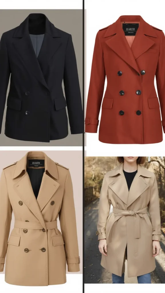 A four-panel collage showcasing essential chic coats and jacket options for a women's fashion Capsule Wardrobe. Features classic double-breasted outerwear pieces including a sleek black tailored blazer coat, a rich rust orange trench jacket, and a timeless camel belted trench coat shown both as a product display and modeled in an outdoor fall setting. An ideal visual guide for selecting versatile layering pieces, elevated outerwear staples, and timeless cold-weather outfit planning.
