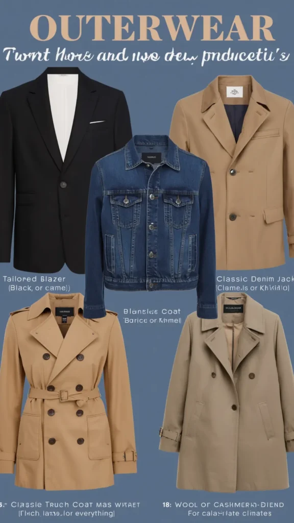 A women's fashion capsule wardrobe guide showcasing five classic outerwear essentials on a muted blue background. The visual includes a structured black tailored blazer, a versatile blue denim jacket, a traditional camel belted trench coat, a tailored tan jacket, and a classic beige wool-blend coat for colder climates. Ideal for building a minimalist, timeless wardrobe, this guide highlights essential layering pieces for versatile, elevated daily outfits across seasons.