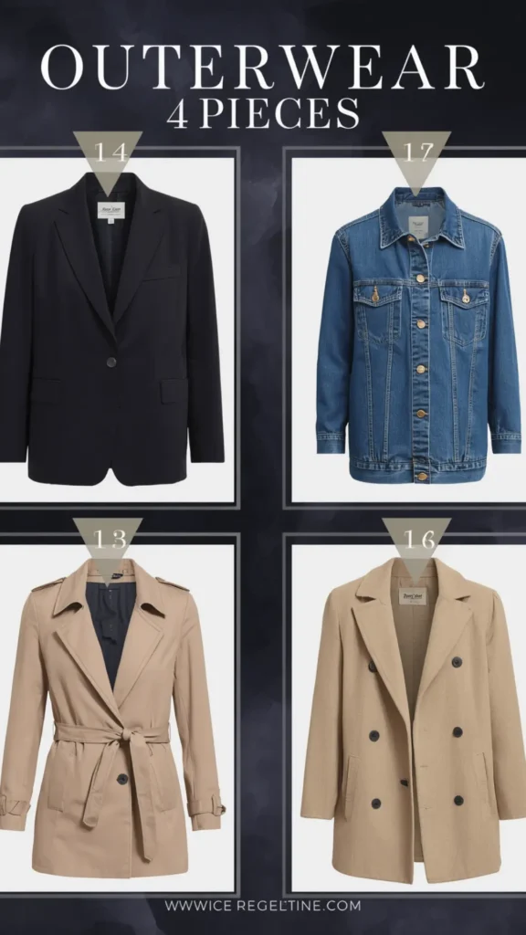 A four-panel flat-lay graphic titled "OUTERWEAR 4 PIECES" showcasing essential layering coats and jackets for a women's fashion Capsule Wardrobe. Set against a dark framed grid background, the pin features four versatile outerwear staples: a tailored black single-breasted blazer, a classic medium-wash blue denim jacket, a belted beige trench coat, and a double-breasted tan pea coat. An ideal visual guide for minimalist coat collection, fall layering, and year-round outfit planning.