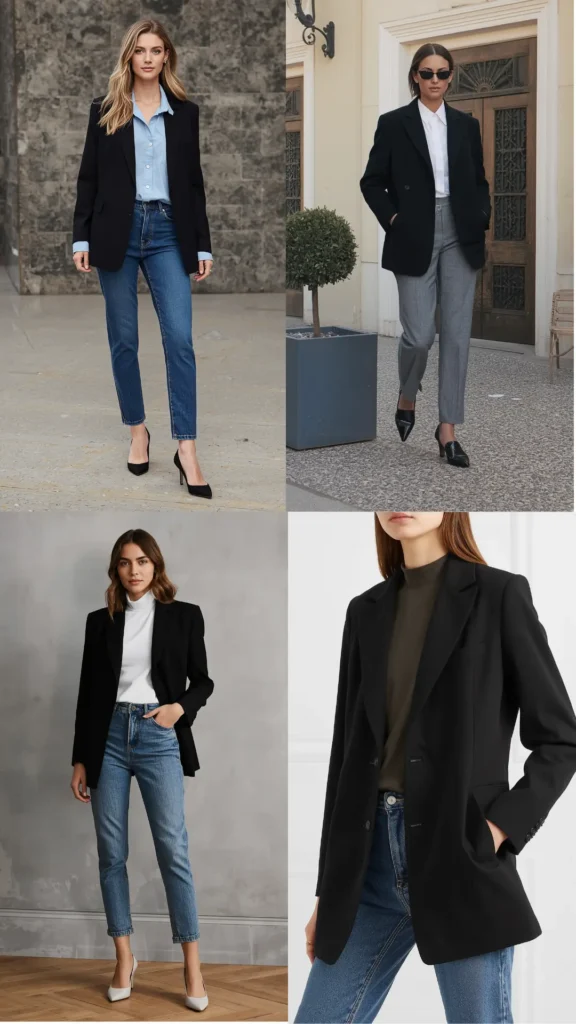 A four-panel photo grid showcasing versatile black blazer outerwear styling for a women's fashion Capsule Wardrobe. The visual guide features tailored chic outfits combining structured black blazers: layered over a light blue button-down with blue jeans and black heels, over a white shirt with grey trousers, over a white turtleneck with light denim and white pumps, and over an olive mock-neck top. Perfect inspiration for workwear, smart-casual blazer outfits, and layering basics.