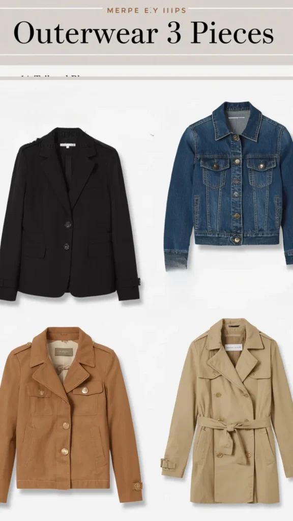 A Pinterest pin graphic titled "Outerwear 3 Pieces" showcasing essential jacket layering options for a women's fashion Capsule Wardrobe. Set on a clean white background, it displays four versatile outerwear staples: a tailored black blazer, a classic medium-wash denim jacket, a camel brown button-front utility jacket, and a belted beige trench coat. An ideal visual guide for fall outfit ideas, smart-casual layering, building a functional jacket collection, and minimalist fashion styling.