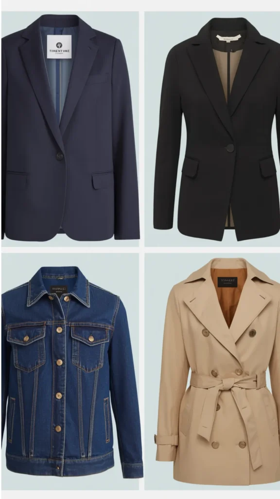 A four-quadrant photo collage showcasing essential outerwear pieces for a women's fashion Capsule Wardrobe. Displayed against a clean light blue background are four versatile jackets: a tailored navy blue blazer, a classic black blazer, a button-down dark wash denim jacket with contrast stitching, and a double-breasted beige trench coat with a waist tie belt. An ideal visual guide for chic outerwear layering, workwear style, and building a minimalist closet collection.