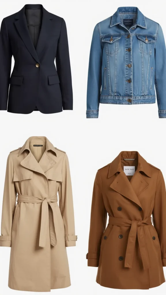 A four-quadrant product display showcasing four essential outerwear pieces for a women's fashion Capsule Wardrobe. Set against a white background, the top row features a tailored single-breasted navy blazer and a classic medium-wash denim jacket. The bottom row highlights two timeless belted trench coats: a traditional light beige trench and a warm cognac brown double-breasted coat. An ideal visual guide for layering essentials, versatile jacket rotation, and building a minimalist closet.