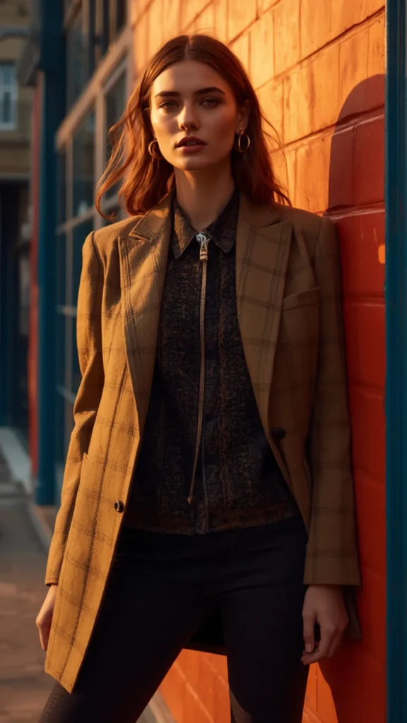Elegant street style photo showcasing women's fashion layering for a fall Capsule Wardrobe. A woman with wavy brown hair stands outdoors bathed in warm golden hour sunlight, leaning against a textured red brick wall. She wears a tailored camel plaid blazer over a dark patterned zip-up shirt and dark slim-fit trousers, accented with classic gold hoop earrings. An inspiring visual guide for chic autumnal outfit ideas, smart-casual layering, and timeless outerwear styling.