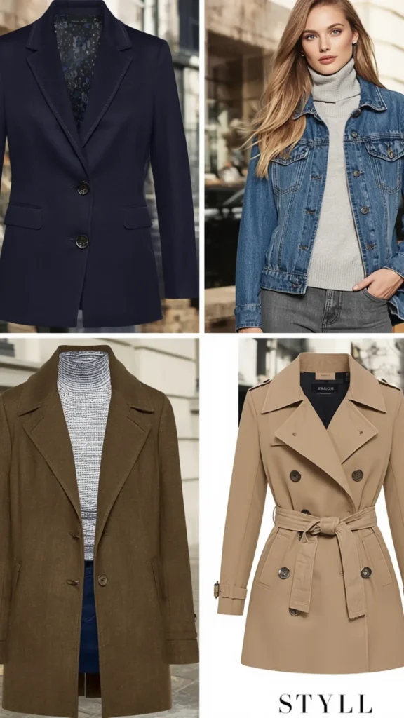 A 4-panel collage Pinterest pin displaying essential outerwear options for a women's fashion Capsule Wardrobe. Top left features a tailored navy blue blazer. Top right shows a blonde model wearing a classic denim jacket layered over a grey turtleneck sweater. Bottom left displays a sophisticated brown wool overcoat worn over a high-neck knit top. Bottom right highlights a classic double-breasted tan trench coat with a tied belt. An ideal visual guide for chic layering and timeless outerwear.