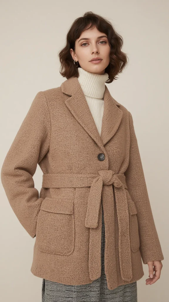 A studio fashion portrait showcasing a cozy camel textured wool coat, an essential cold-weather outerwear piece for a women's fashion Capsule Wardrobe. A brunette woman with short wavy hair poses against a beige background, wearing a belted tan coat tied at the waist over a cream ribbed turtleneck sweater and grey plaid pants. An ideal visual reference for winter outerwear layering, quiet luxury aesthetic, cozy autumn outfit formulas, and timeless closet essentials.