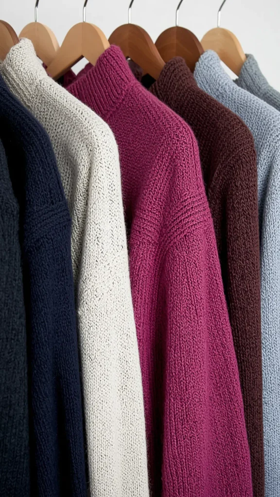 A close-up fashion photo of cozy knit sweaters hanging on wooden hangers, showcasing essential winter knitwear for a women's fashion Capsule Wardrobe. The rack features textured mock-neck sweaters in a palette of dark navy blue, cream, rich magenta pink, chocolate brown, and light slate blue. An ideal visual reference for fall sweater weather, winter layering formulas, color-coordinated closet organization, and building a versatile, warm capsule collection.