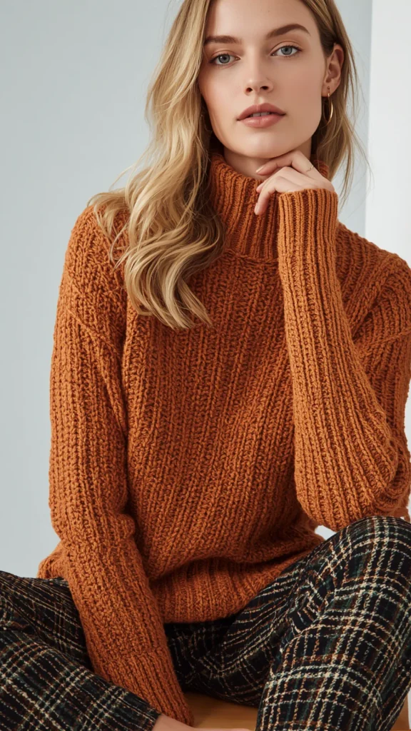 A studio fashion portrait showcasing cozy knitwear as an essential cold-weather staple for a women's fashion Capsule Wardrobe. A blonde woman poses thoughtfully with her hand under her chin, wearing a chunky burnt orange ribbed turtleneck sweater paired with dark plaid patterned trousers and gold hoop earrings. Set against a clean light grey background, this is an ideal visual reference for autumn sweater weather, winter layering formulas, warm cozy outfit ideas, and timeless closet basics.