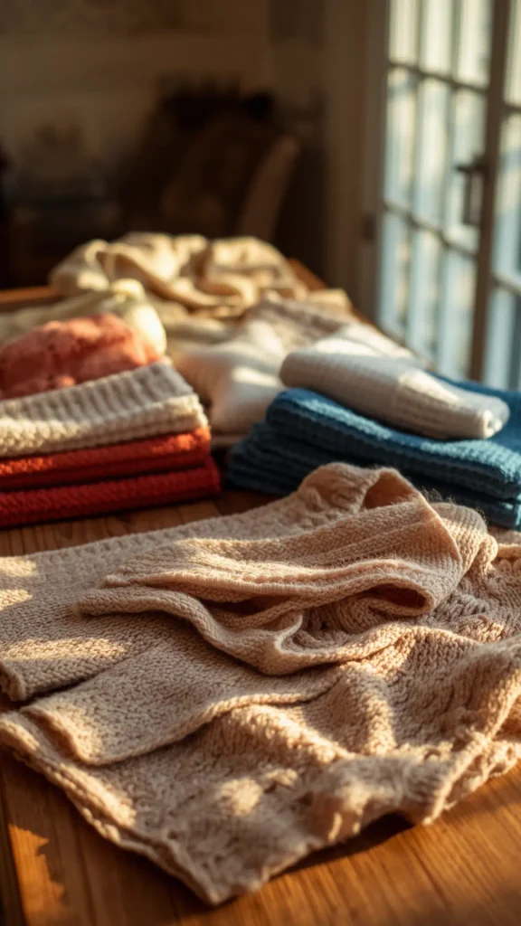 A cozy, warm-lit flat-lay photo showcasing textured knitwear essentials for a seasonal women's fashion Capsule Wardrobe. Arranged on a rustic wooden table in soft golden sunlight, cozy knit sweaters and scarves are folded neatly in shades of cream, rust red, and muted blue. An ideal visual inspiration for fall sweater weather, cozy cold-weather outfit formulas, seasonal closet organization, and building a timeless, comfortable minimalist wardrobe.