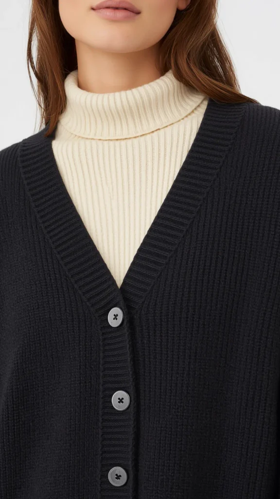 A close-up fashion detailed shot showcasing cozy knitwear layering ideas for a minimalist women's fashion Capsule Wardrobe. A brunette model wears a soft ribbed cream turtleneck top thoughtfully layered underneath a chunky black v-neck button-front knit cardigan with dark buttons. An ideal visual reference for fall and winter cold-weather outfit formulas, cozy layering techniques, neutral knitwear styling, and building a timeless, versatile everyday closet.