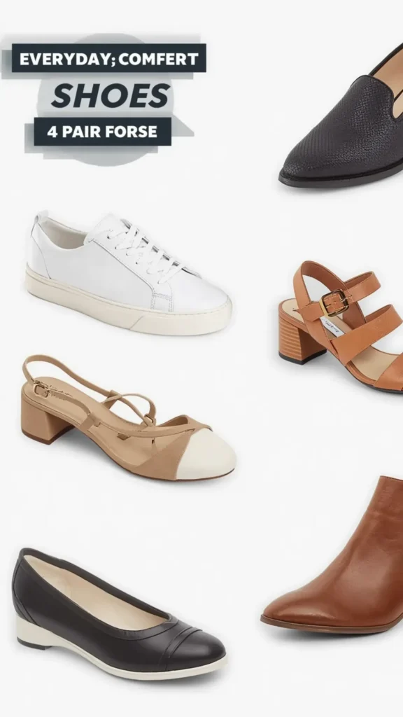 A Pinterest pin graphic for women's fashion featuring a curated guide to building a minimal Capsule Wardrobe with a focus on 'Everyday Comfort Shoes'. The image displays a clean collage of six versatile shoe styles on a white background: classic white sneakers, black textured loafers, tan slingback heels, brown block-heeled sandals, black cap-toe flats, and brown leather ankle boots. Text overlays read 'EVERYDAY COMFORT SHOES' and '4 PAIR FORSE'. An ideal guide for closet essentials and versatile styling.