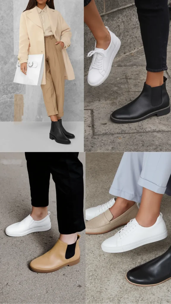 A four-panel photo collage showcasing essential footwear choices for a women's fashion Capsule Wardrobe. Images highlight versatile shoe staples including clean white lace-up sneakers, classic black and tan leather Chelsea ankle boots, comfortable white slip-ons, and neutral beige loafers. Featured outfits include cuffed light blue trousers, cropped black pants, and beige slacks with a cream trench coat. An ideal visual guide for minimalist footwear rotation and everyday style basics.