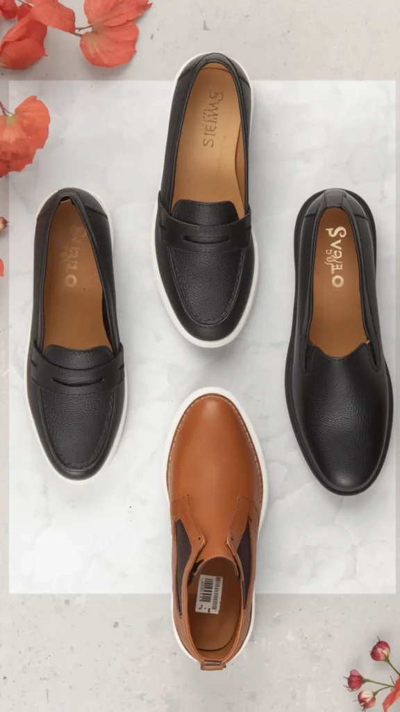 A top-down flat-lay photograph showcasing essential shoe staples for a women's fashion Capsule Wardrobe. Set on a light white marble surface with autumn leaf accents, the image features classic leather slip-on shoes and loafers: two pairs of black textured leather penny loafers with white soles, sleek black slip-ons, and a cognac brown leather shoe with elastic side panels. An ideal visual reference for building a versatile footwear collection, comfortable everyday shoes, and timeless closet essentials.