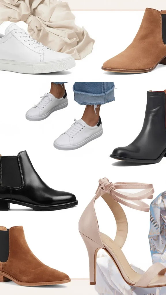 A flat-lay shoe collection collage highlighting essential footwear staples for a women's fashion Capsule Wardrobe. Set against a clean white background, the image features versatile shoe choices: classic white low-top leather sneakers, tan suede ankle boots, polished black leather Chelsea boots, and elegant nude ankle-strap tie high heels, along with delicate silk scarves. An ideal visual reference for building a versatile shoe collection, footwear styling, and everyday outfit planning.