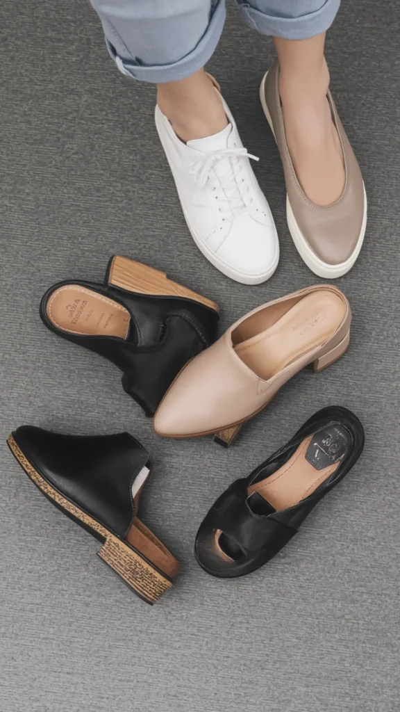 A top-down view of essential neutral footwear options for a women's fashion Capsule Wardrobe on grey carpet. At the top, cuffed light blue jeans showcase a white leather sneaker and a taupe slip-on flat. Surrounding them is a curated collection of versatile shoes, including nude pointed-toe block-heel mules, black leather clogs with wooden soles, and open-toe black flats. An ideal visual guide for footwear selection, minimalist style planning, and everyday outfit versatility.