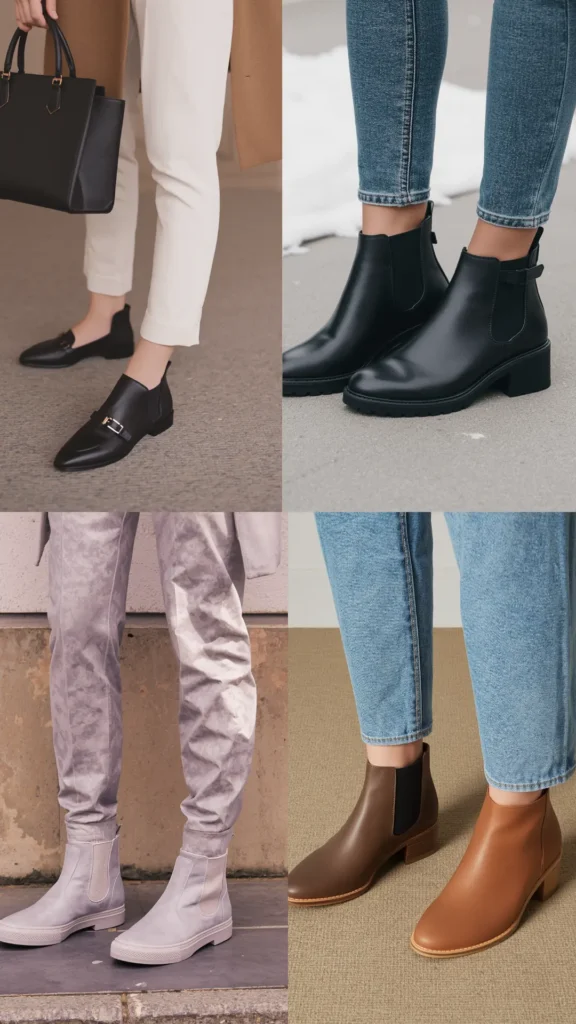 A four-panel grid collage showcasing essential footwear for a women's fashion Capsule Wardrobe. Features four versatile shoe styles: sleek black leather loafers paired with crisp white trousers, classic black Chelsea boots with blue denim, casual light grey suede ankle boots styled with grey patterned joggers, and timeless cognac brown leather booties with light-wash jeans. An ideal visual guide for styling autumn footwear and building a functional, minimalist shoe collection.