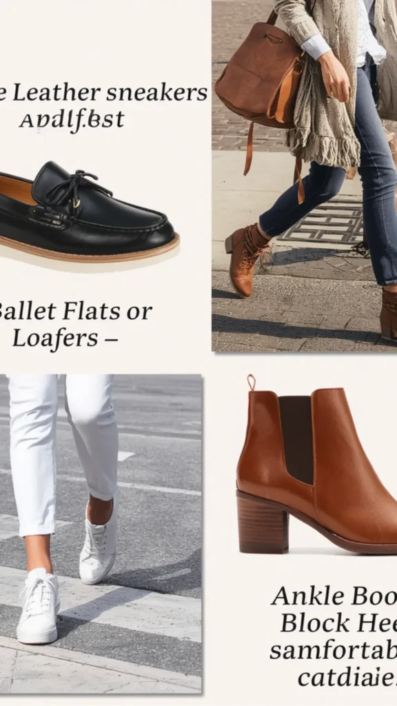 A four-quadrant photo collage highlighting essential footwear options for a women's fashion Capsule Wardrobe. Quadrants show key versatile shoe styles: classic black leather loafers; white leather sneakers styled with cropped white pants; rich cognac brown Chelsea ankle boots with a block heel; and a street-style outfit featuring brown lace-up boots and a fringed cardigan. An ideal visual guide for capsule footwear rotation, comfortable everyday shoes, and minimalist style basics.