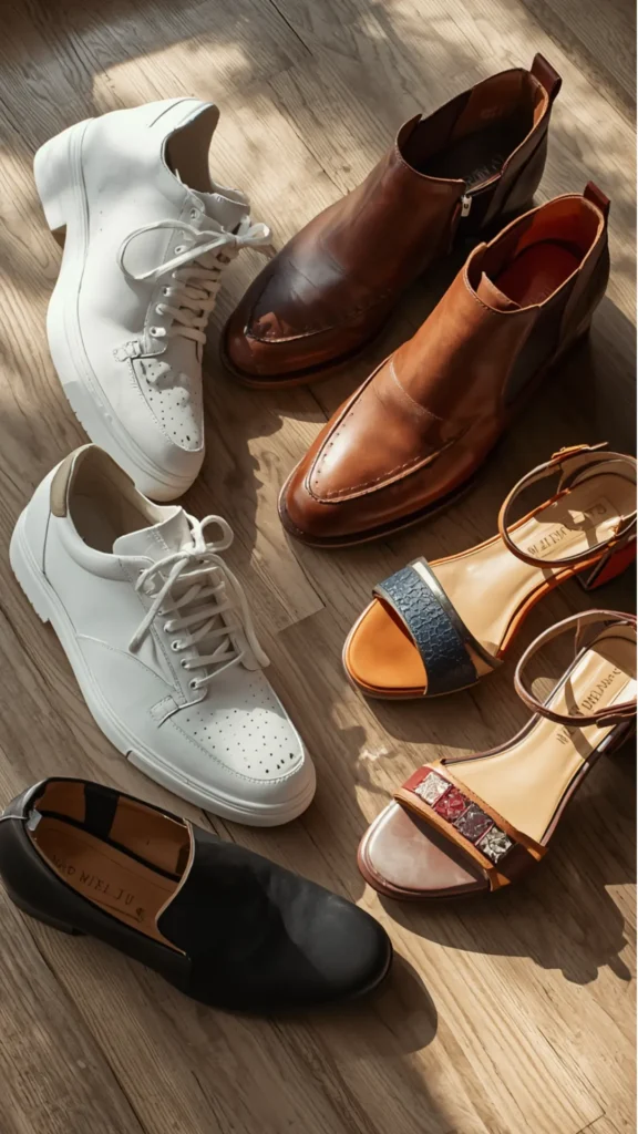 A top-down view of essential women's fashion shoes for a versatile Capsule Wardrobe, arranged on a warm sunlit wooden floor. The collection features essential footwear staples including crisp white leather lace-up sneakers, classic cognac brown leather ankle boots, chic black slip-on loafers, and elegant open-toe strappy heeled sandals. Perfect visual guide for building a minimalist shoe collection, daily footwear rotation, and planning effortless outfits for all seasons.