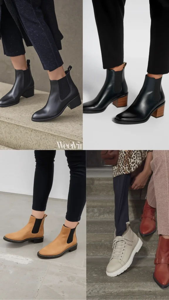 A four-panel collage featuring versatile women's footwear staples for a women's fashion Capsule Wardrobe. Highlights essential cold-weather shoe options including sleek black leather Chelsea boots with stacked heels, light tan Chelsea booties paired with black skinny jeans, casual off-white lace-up sneaker boots, and stylish reddish-brown leather ankle boots with buckle details. An ideal visual guide for choosing timeless footwear, elevated shoe formulas, and everyday fall outfit inspiration.