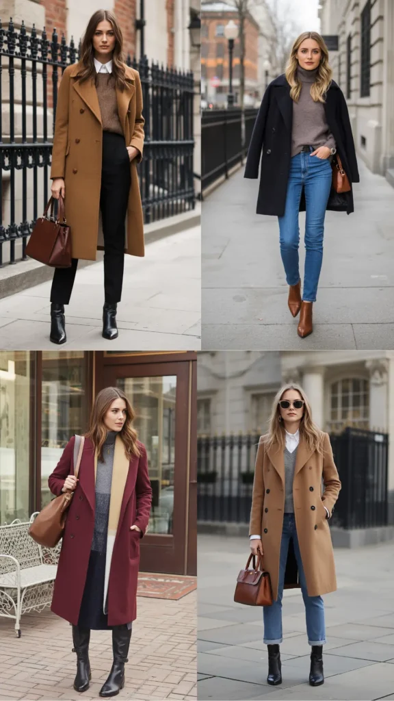 A four-panel grid collage showcasing chic street style outfit formulas for a women's fashion Capsule Wardrobe. Features models styling timeless fall outerwear: classic camel wool coats, dark navy peacoats, and a rich burgundy coat. Styled with essential closet staples including grey turtlenecks, collared shirts, black trousers, blue denim, leather ankle boots, and structured leather handbags. An ideal visual guide for elegant, minimalist cold-weather outfit planning.