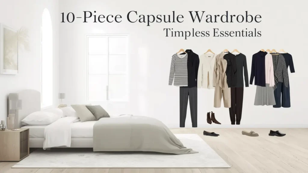 A Pinterest pin graphic titled "10-Piece Capsule Wardrobe Timeless Essentials" set in a serene, minimalist white bedroom. The aesthetic room features a neatly made bed with neutral beige linens and light hardwood floors. Displayed along the wall are 10 curated women's fashion staples, including a striped top, beige trench coat, cream cardigan, black trousers, grey skirt, and dark tops. Styled on the floor below are classic loafers and boots. An ideal guide for a Capsule Wardrobe.