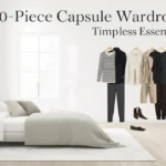 A Pinterest pin graphic titled "10-Piece Capsule Wardrobe Timeless Essentials" set in a serene, minimalist white bedroom. The aesthetic room features a neatly made bed with neutral beige linens and light hardwood floors. Displayed along the wall are 10 curated women's fashion staples, including a striped top, beige trench coat, cream cardigan, black trousers, grey skirt, and dark tops. Styled on the floor below are classic loafers and boots. An ideal guide for a Capsule Wardrobe.