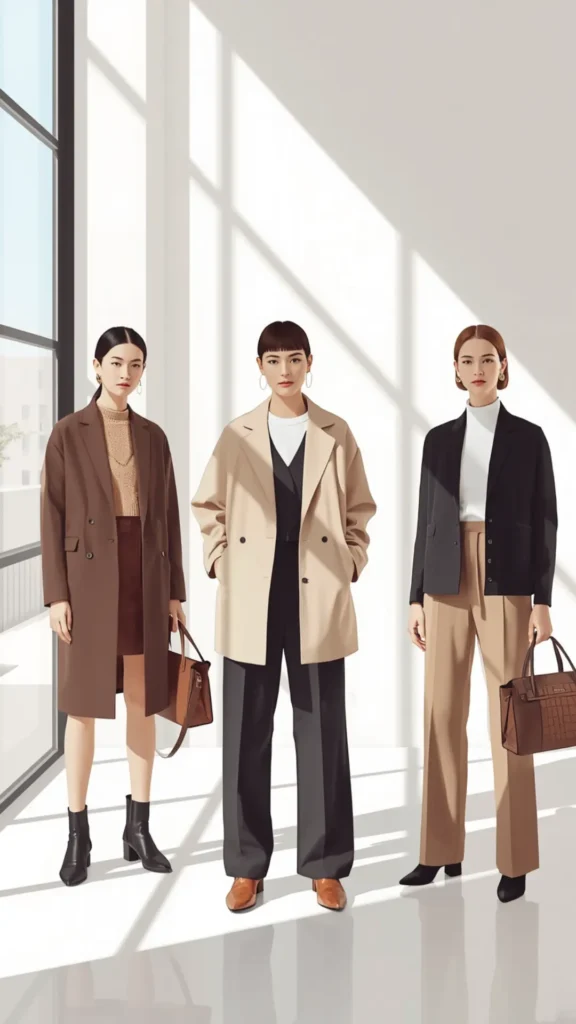 Three stylish women in a sunlit room showcasing chic neutral outfit ideas for a women's fashion Capsule Wardrobe. On the left, a model wears a long brown coat over a beige knit, brown skirt, black boots, and leather bag. Center displays a beige double-breasted jacket over wide-leg black trousers with tan shoes. On the right, a black blazer paired with a white turtleneck, tan trousers, and a brown handbag. An ideal visual guide for sophisticated minimalist workwear and elegant autumn layering.