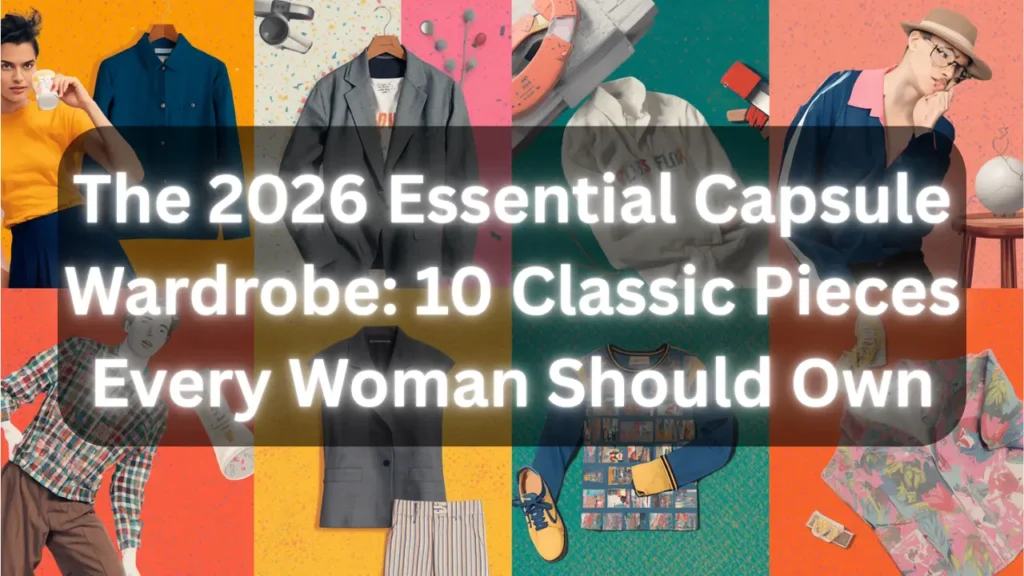 A vibrant multi-panel Pinterest pin graphic overlayed with text reading "The 2026 Essential Capsule Wardrobe: 10 Classic Pieces Every Woman Should Own." Set against colorful orange, yellow, and green backgrounds, a grid collage showcases styled outfits and clothing flat-lays, including a grey blazer, blue jacket, plaid shirt, sleeveless vest, and casual tops. A visual guide for building a modern women's fashion Capsule Wardrobe, colorful outfit formulas, and bold wardrobe essentials.