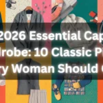 A vibrant multi-panel Pinterest pin graphic overlayed with text reading "The 2026 Essential Capsule Wardrobe: 10 Classic Pieces Every Woman Should Own." Set against colorful orange, yellow, and green backgrounds, a grid collage showcases styled outfits and clothing flat-lays, including a grey blazer, blue jacket, plaid shirt, sleeveless vest, and casual tops. A visual guide for building a modern women's fashion Capsule Wardrobe, colorful outfit formulas, and bold wardrobe essentials.