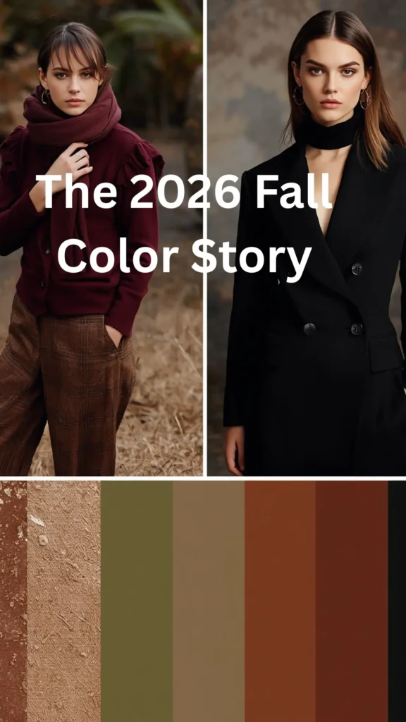 A Pinterest pin titled "The 2026 Fall Color Story" providing seasonal color inspiration for a women's fashion Capsule Wardrobe. The top panels feature a model in a deep burgundy knit top with a scarf and plaid trousers, alongside a model in a chic black double-breasted coat. The bottom panel showcases a color palette swatch with earthy tones: olive green, taupe, rust brown, chocolate, and black. An ideal visual guide for building a cohesive, stylish autumn outfit collection.