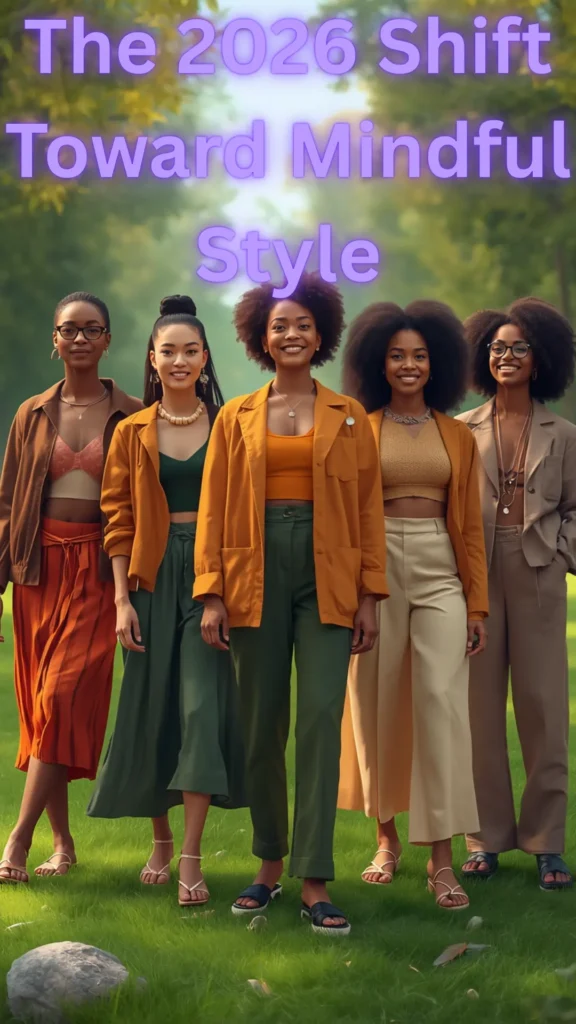 A Pinterest pin graphic titled "The 2026 Shift Toward Mindful Style" featuring five diverse women standing outdoors in chic, earth-toned outfits for a women's fashion Capsule Wardrobe. Dressed in a warm palette of mustard yellow, terracotta, olive green, cream, and taupe, they wear structured blazers, cropped tops, and wide-leg trousers. Set against a lush green park backdrop, this image highlights sustainable fashion trends, conscious style planning, and timeless modern essentials.