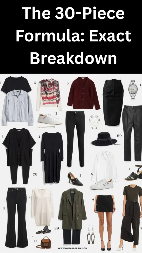 A Pinterest pin graphic titled "The 30-Piece Formula: Exact Breakdown" showcasing a flat-lay collage of women's fashion items for a Capsule Wardrobe. Features numbered essentials set against a white background, including black tees, button-down shirts, a burgundy cardigan, flare jeans, black trousers, a pencil skirt, an olive coat, and a black dress. Styled with white sneakers, pumps, a fedora, and accessories. An ideal visual guide for building a versatile 30-piece wardrobe checklist.