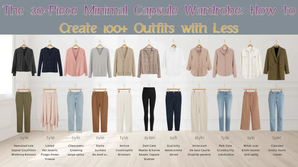 A Pinterest pin graphic titled "The 30-Piece Minimal Capsule Wardrobe: How to Create 100+ Outfits with Less". Displays two neat rows of women's fashion essentials on wooden hangers in a clean white room. Features layering tops like button-downs, cardigans, and blazers alongside bottoms like denim jeans, tailored trousers, leggings, and skirts in neutral tones of beige, navy, pink, and olive. An ideal visual guide for mixing and matching closet staples into endless versatile outfits.