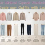 A Pinterest pin graphic titled "The 30-Piece Minimal Capsule Wardrobe: How to Create 100+ Outfits with Less". Displays two neat rows of women's fashion essentials on wooden hangers in a clean white room. Features layering tops like button-downs, cardigans, and blazers alongside bottoms like denim jeans, tailored trousers, leggings, and skirts in neutral tones of beige, navy, pink, and olive. An ideal visual guide for mixing and matching closet staples into endless versatile outfits.