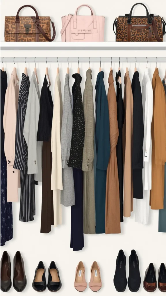 A Pinterest pin graphic showcasing an organized minimalist closet for a women's fashion Capsule Wardrobe. The top shelf displays three stylish handbags in leopard print and light pink. A clothing rack holds a curated array of neutral garments, including trench coats, blazers, pinstripe shirts, and dresses in shades of tan, black, cream, and teal. Five pairs of classic flats and heels are neatly arranged along the bottom. An ideal visual guide for closet organization and versatile style.