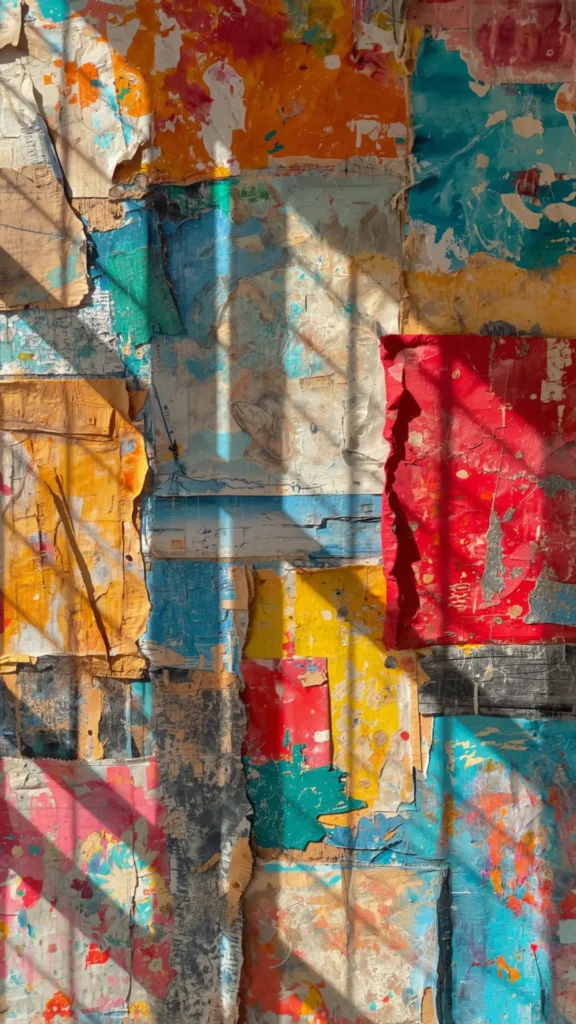 An artistic abstract collage featuring vibrant layered textures in shades of bright red, yellow, turquoise blue, and cream under natural sunlight and shadows, titled "The Art of Texture Mixing." A visual concept pin for women's fashion exploring fabric pairings, tactile contrast, and dimensional styling techniques. An ideal creative reference for elevating a modern Capsule Wardrobe through rich textures, pattern mixing, and effortless aesthetic outfit building.
