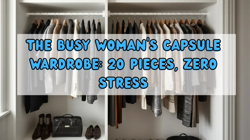 A Pinterest pin graphic titled "THE BUSY WOMAN'S CAPSULE WARDROBE: 20 PIECES, ZERO STRESS" featuring a beautifully organized white open closet filled with women's fashion staples. Clothes are neatly hung on wooden hangers in neutral shades of white, beige, black, grey, and brown. The bottom shelf displays essential footwear including dark leather loafers, boots, and a structured black handbag. An ideal visual guide for minimalist closet organization and effortless daily outfit planning.