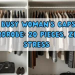 A Pinterest pin graphic titled "THE BUSY WOMAN'S CAPSULE WARDROBE: 20 PIECES, ZERO STRESS" featuring a beautifully organized white open closet filled with women's fashion staples. Clothes are neatly hung on wooden hangers in neutral shades of white, beige, black, grey, and brown. The bottom shelf displays essential footwear including dark leather loafers, boots, and a structured black handbag. An ideal visual guide for minimalist closet organization and effortless daily outfit planning.