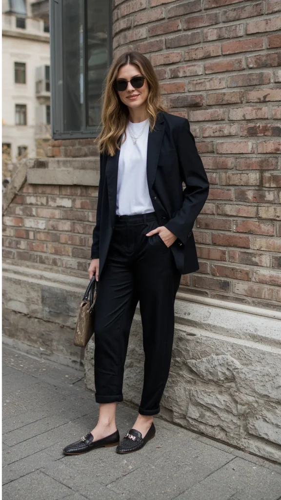 A chic street-style portrait showcasing a smart-casual blazer outfit as an essential formula for a women's fashion Capsule Wardrobe. Leaning against a brick wall, a stylish woman wearing sunglasses wears an open black blazer over a tucked-in white t-shirt, cuffed black trousers, and black woven loafers with gold hardware. Styled holding a small handbag. An ideal visual inspiration for effortless office wear, minimalist everyday outfit ideas, and timeless closet basics.