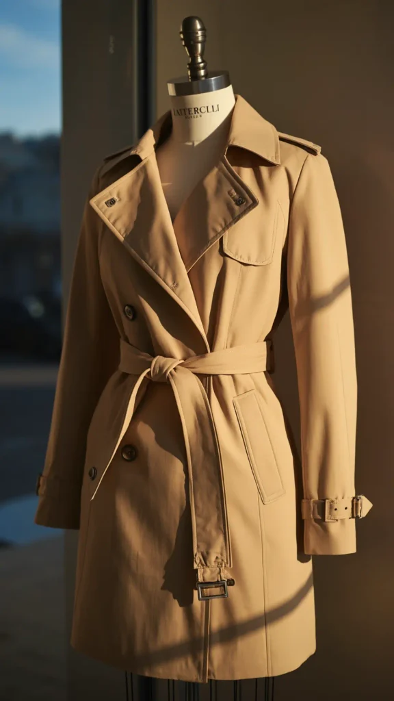 A classic beige double-breasted trench coat with a tied belt displayed on a dress mannequin in warm golden sunlight, serving as an iconic outerwear staple for a women's fashion Capsule Wardrobe. The timeless tan trench features wide lapels, dark buttons, and buckled wrist straps. An ideal visual inspiration for chic fall and spring outerwear ideas, neutral transitional layering, sophisticated street style formulas, and building a versatile, elegant wardrobe.