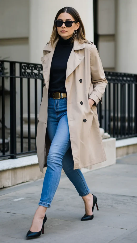 A chic street-style portrait of a woman wearing a classic beige trench coat as an iconic outerwear essential for a women's fashion Capsule Wardrobe. Walking along a city sidewalk, she pairs an open tan trench over a black turtleneck top, high-waisted blue jeans with a belt, and sleek black pointed-toe heels. She wears dark sunglasses and silver hoop earrings. An ideal visual reference for fall transitional outfit formulas, French minimal street style, and timeless layering.