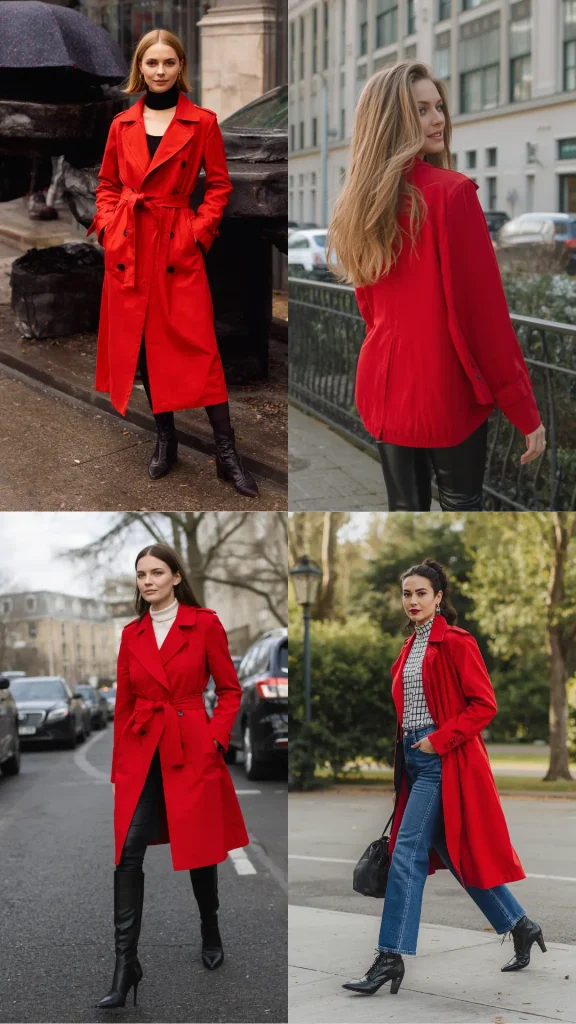 A four-panel photo grid showcasing vibrant red trench coat outfit ideas for a bold women's fashion Capsule Wardrobe. Set on urban street backgrounds, the image features chic ways to style a red belted coat: layered over a black turtleneck, paired with sleek black leather pants and high boots, worn over a white turtleneck, and styled unbelted with a plaid top and blue jeans. An ideal visual reference for statement outerwear styling, a pop of color, and winter outfit formulas.