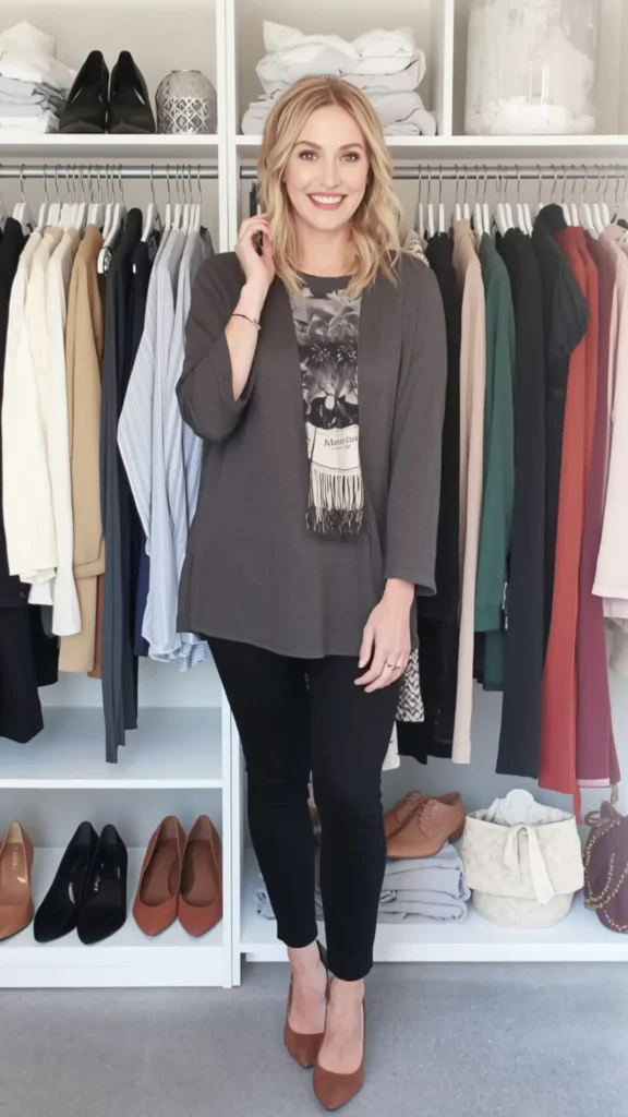 A smiling blonde woman stands in front of a neatly organized white wardrobe showcasing a cohesive color strategy for a women's fashion Capsule Wardrobe. She wears a dark grey cardigan over a patterned top, black skinny pants, and tan pumps. The closet features hanging clothes arranged in a coordinated palette of cream, beige, navy, forest green, and rust red, with organized shoes on the bottom shelf. An ideal visual reference for color coordination and smart closet planning.