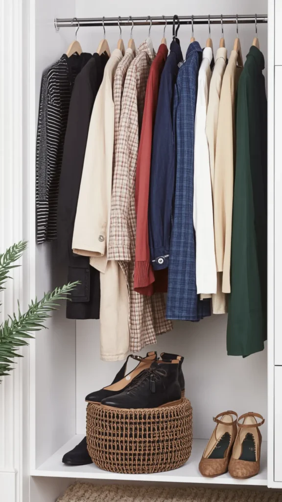 A neatly organized white closet showcasing a strategic color palette for a women's fashion Capsule Wardrobe. Clothes hang on wooden hangers in neutral and rich accent shades, including black striped tops, beige coats, plaid blazers, rust red shirts, navy denim, crisp white blouses, and deep forest green outerwear. Below, a woven basket holds black ankle boots alongside tan heels. An ideal visual guide for color coordination, closet organization, and effortless outfit planning.