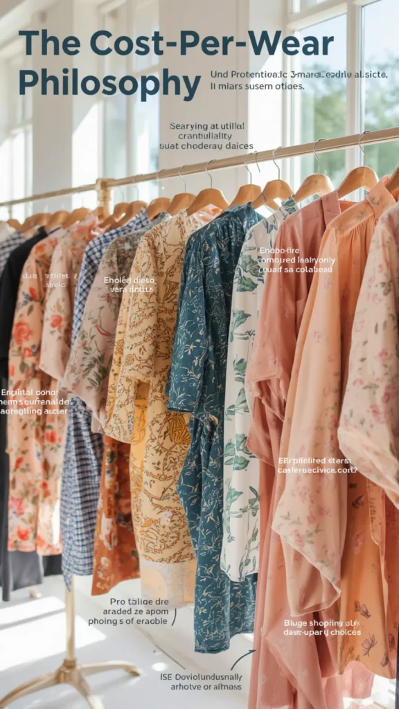 A Pinterest pin graphic titled "The Cost-Per-Wear Philosophy" focusing on smart shopping principles for a women's fashion Capsule Wardrobe. Set in a bright, sunlit room, a clothing rack showcases a colorful row of patterned dresses and tops on wooden hangers. Includes floral prints, gingham checks, and botanical patterns in soft pink, mustard yellow, and teal shades. An ideal visual guide for evaluating garment value, intentional shopping, and building a versatile, long-lasting closet.