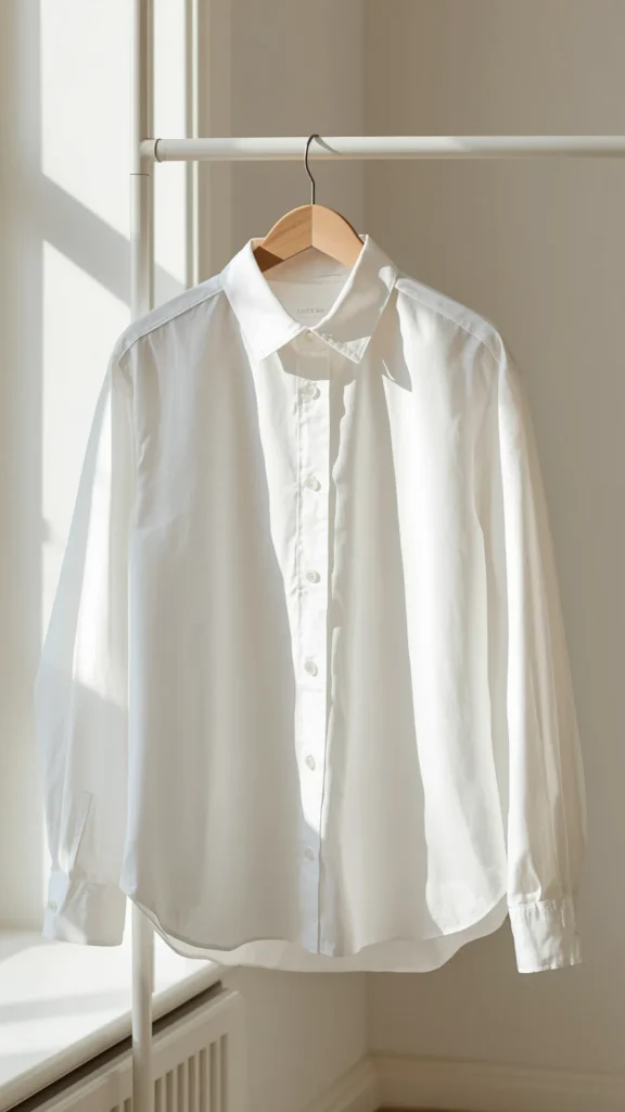 An aesthetic minimalist photo of a classic crisp white long-sleeved button-down shirt hanging on a wooden hanger, an essential foundational top for a women's fashion Capsule Wardrobe. Suspended on a sleek white clothing rack near a sunlit window, soft natural sunlight illuminates the clean cotton material and neutral background. An ideal visual reference for timeless office wear, casual chic layering formulas, French girl aesthetic, and building a versatile basic collection.