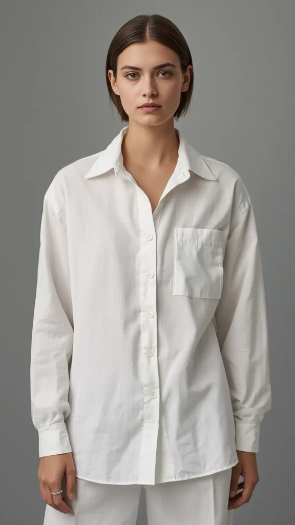 A minimalist fashion portrait showcasing a timeless white button-down shirt as an essential piece for a women's fashion Capsule Wardrobe. A dark-haired model stands against a neutral grey studio background wearing a crisp, relaxed-fit white long-sleeve collared shirt with a single chest pocket and white trousers. An ideal visual guide for minimalist outfit styling, chic everyday closet staples, and classic fashion essentials that easily pair with any outfit.