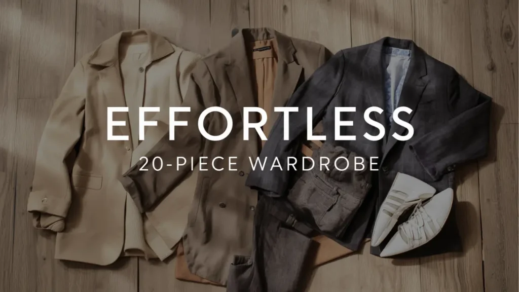 A Pinterest pin graphic featuring overlay text reading "EFFORTLESS 20-PIECE WARDROBE" set against a flat-lay on wooden flooring. Displays essential neutral tailoring pieces for a women's fashion Capsule Wardrobe, including a cream structured jacket, a taupe blazer, a dark grey jacket, folded charcoal trousers, and sleek white pointed-toe flats. An ideal visual guide for building an effortless minimalist collection, chic professional layering, and timeless wardrobe staples.