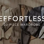 A Pinterest pin graphic featuring overlay text reading "EFFORTLESS 20-PIECE WARDROBE" set against a flat-lay on wooden flooring. Displays essential neutral tailoring pieces for a women's fashion Capsule Wardrobe, including a cream structured jacket, a taupe blazer, a dark grey jacket, folded charcoal trousers, and sleek white pointed-toe flats. An ideal visual guide for building an effortless minimalist collection, chic professional layering, and timeless wardrobe staples.